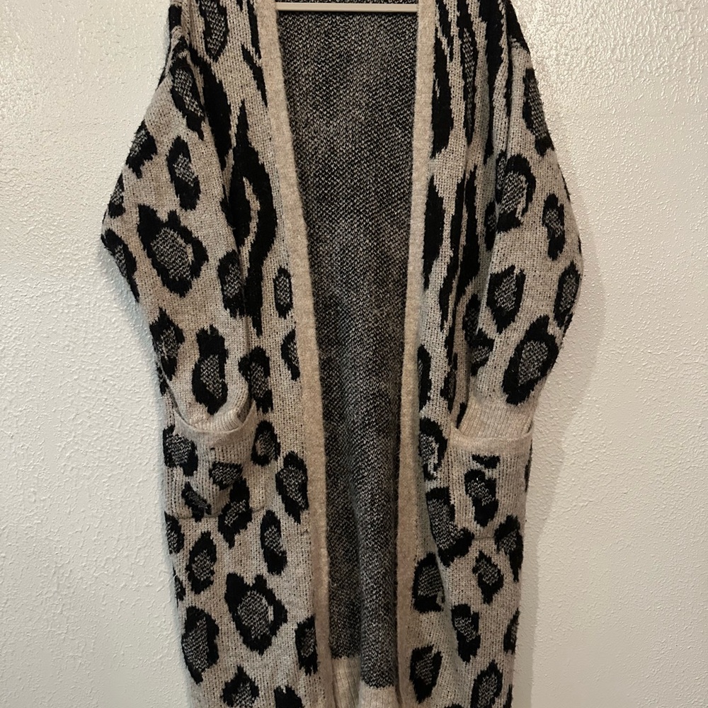 Express Black and Cream Leopard Print Cardigan Sweater